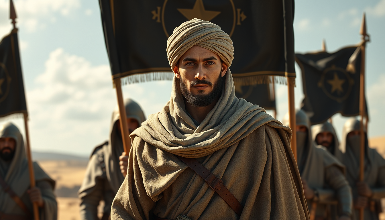 Digital illustration of a young Muslim commander wearing modest biblical cloak and turban, standing behind great Muslim warriors with a leader's expression. The medieval Muslim warriors are covered in veils, holding black banners, and guarding him in open land. The theme is "the conquest of Jerusalem has come," powerful, with movie graphics, ambient occlusion, raw textures, skin retouched, dodge and burn effect, and highlighting shader. - Image