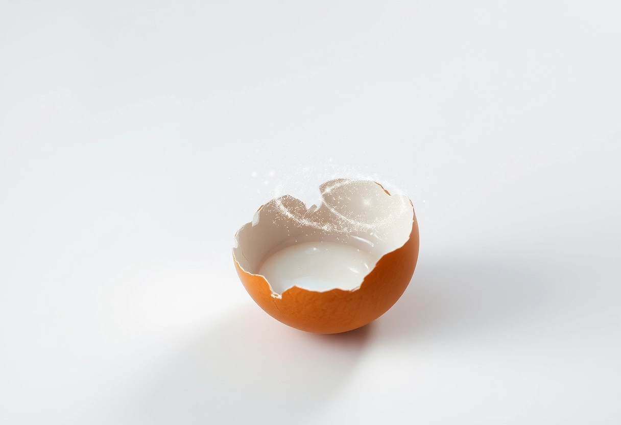 A broken egg on an endless pure white flat surface, with shimmering egg whites formed by a galaxy of stars flowing out from the cracked shell. - Image