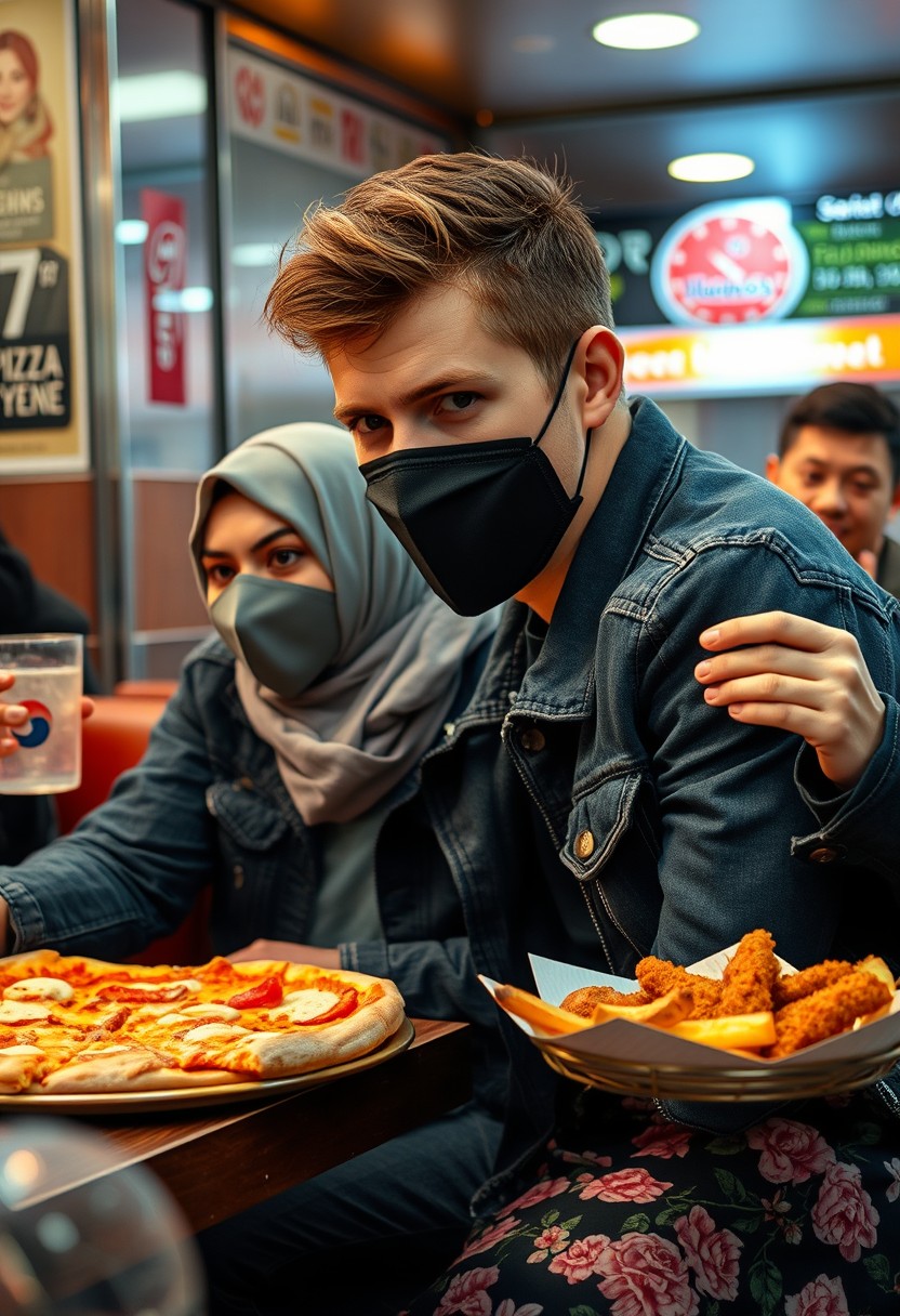 Jamie Dornan's head and body shot, handsome, young, black face mask, blue jeans jacket, jeans, dating a Muslim girl with a grey hijab, beautiful eyes, black face mask, black leather jacket, biggest floral skirt, at a hot pizza fast food restaurant, plate of cheese pizza slices, plate of Korean fried chicken and fries, glass of soft drink, eating with 3 other random smiling friends in the background, photorealistic, hyper-realistic, street photography.