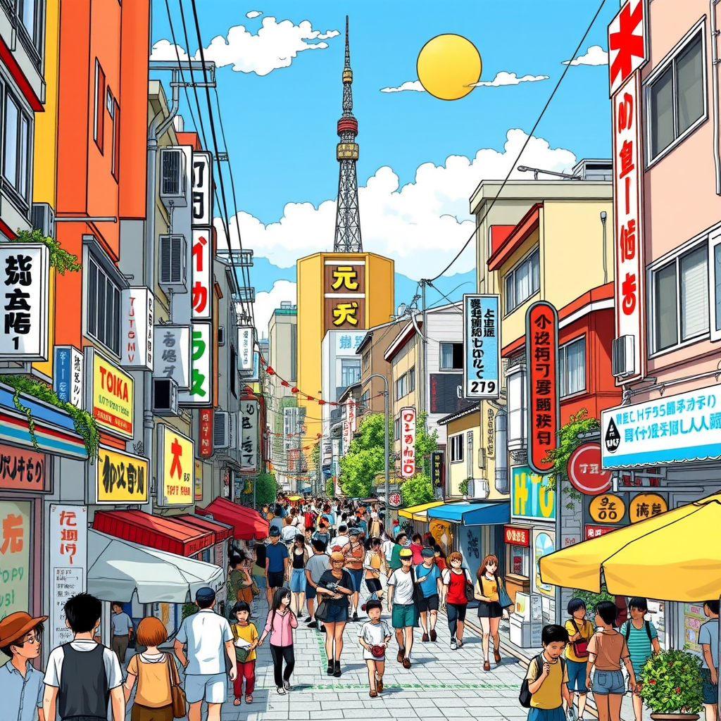 Detailed, vibrant illustration of a Tokyo neighborhood, by Herge, in the style of Tintin comics, vibrant colors, detailed, lots of people, sunny day, attention to detail, 8k.