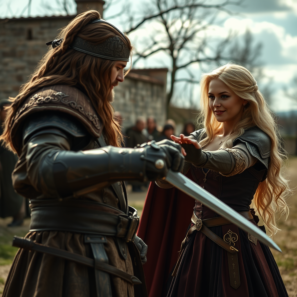 An epic fantasy scene outdoors featuring an old French noble count training two gorgeous and beautiful blonde and brunette French girls to fight. Friendly atmosphere. Cinematic view, sharp detail.