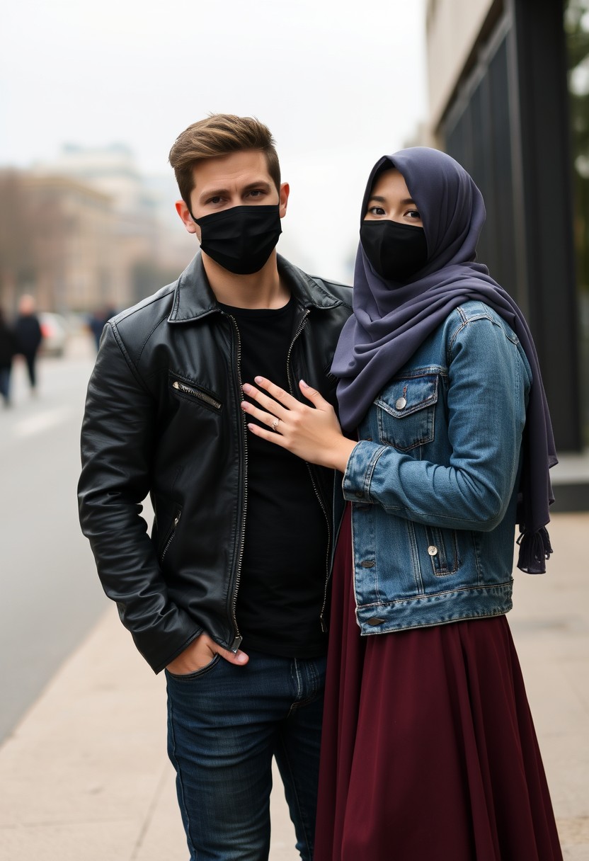 Jamie Dornan, handsome, black face mask, black leather jacket, jeans, dating, love couple with the biggest hijab Muslim girl, beautiful eyes, black face mask, jeans jacket, biggest skirt, wedding rings, gloomy scenery, realistic, street photography. - Image