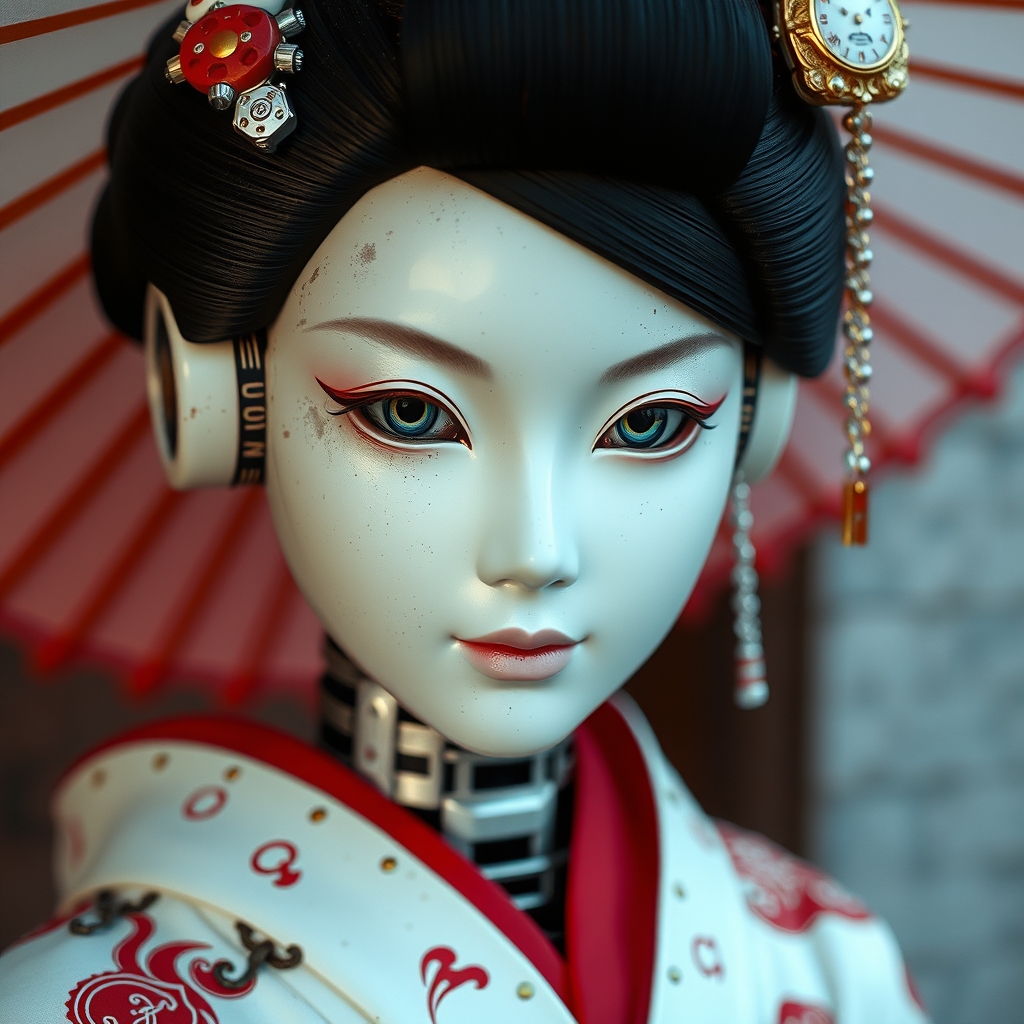 (geisha::0.9) (android robot face::2.2), white ceramic material, many mechanical details, seams, scuffing, rust, (camera lenses instead of pupils:1.5) (traditional intricate Japan clothes:1.5) (style by Yuri Shwedoff), shallow depth of field, vignette, (Fujicolor Superia X-TRA 400)