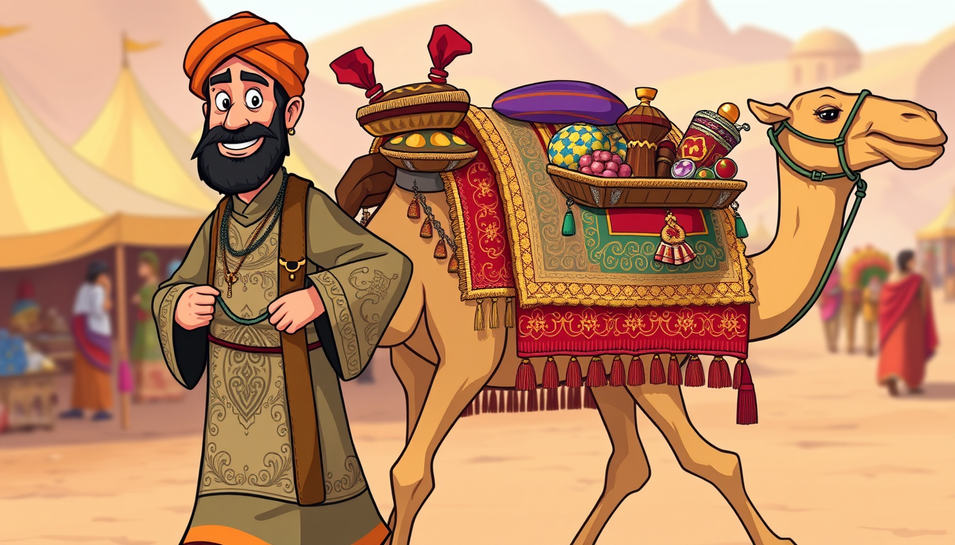 A cartoon-style Persian merchant, dressed in traditional, vibrant robes with intricate patterns and a turban. The merchant has a friendly and shrewd expression, leading a well-adorned camel laden with various goods for trade. The camel is decorated with colorful blankets, tassels, and ornate saddle bags overflowing with exotic items like spices, fabrics, and jewels. The merchant holds the camel's reins confidently, walking through a lively marketplace or desert road. The background includes hints of a bustling market with tents and other traders, or a distant caravan in the desert. The overall scene is vibrant and detailed, with playful, exaggerated features that highlight the cartoonish, adventurous nature of the characters. The goods on the camel are diverse and colorful, adding richness and variety to the scene.