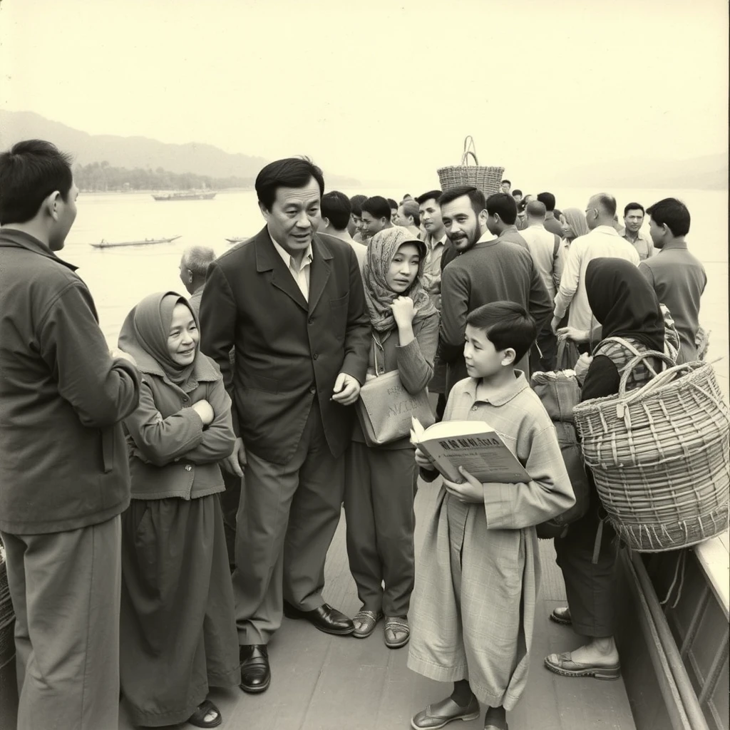 A black and white photo from the 1960s shows people chatting on a riverside ship in Sichuan Province, China. Among them is a middle-aged, very thin male teacher wearing a Zhongshan suit, and a high school boy holding a book. There are also many farmers carrying bamboo baskets on their backs. Everyone looks very thin and is dressed in rural clothing. - Image