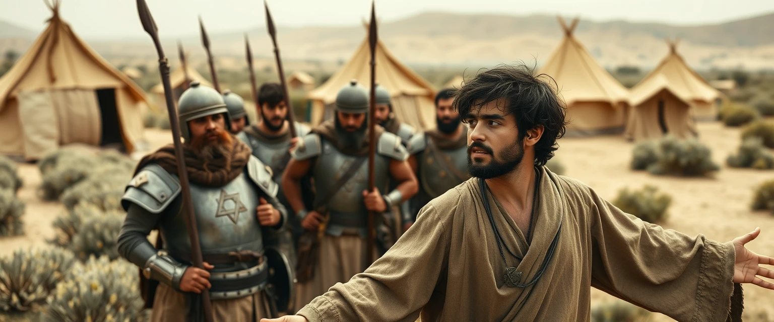 Create a scene of two men facing one another. The man on the right is a young Jewish man in his mid-20s, dressed as a simple shepherd with his arms stretched out to the sides. He has dark, messy, unkempt hair and a beard, looking shocked as he gazes off-camera to the left. The man on the left is a slim Jewish man in his mid-30s, sporting a Jewish beard and wearing only simple biblical-era Israelite armor. A group of four ancient biblical-era Israelite soldiers is crowding around the man on the left. In the background, Arabic army tents are pitched on a desert shrub land. The overall mood of the image conveys anxiety and concern. - Image