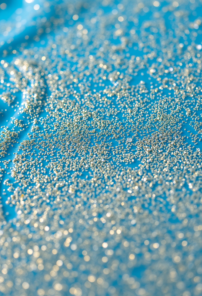 A close-up of a blue and gold glittery surface of water.