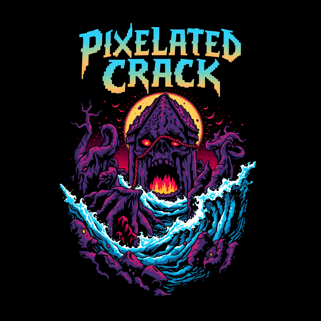 T-shirt design with a blocky colorful 8-bit style of death metal blended with chiptune. The visual should be unique and striking but macabre, blended with beauty, and the band name is "Pixelated Crack," featuring a scene inspired by the deep sea.