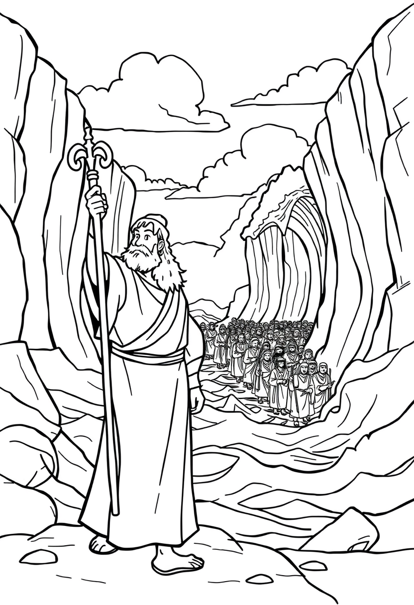 Depict Moses standing with his staff raised, as the Red Sea parts, with walls of water on either side and the Israelites crossing. a coloring book page, cartoon style, thick lines, low details, no shading. - Image