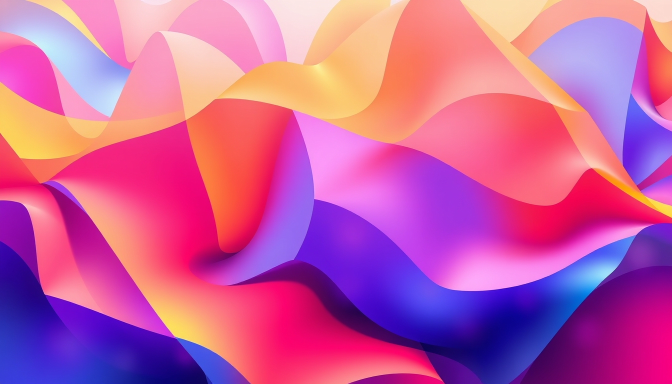 A high-resolution digital artwork with bold geometric shapes in vibrant colors, blending seamlessly with fluid gradients, creating a dynamic visual effect.