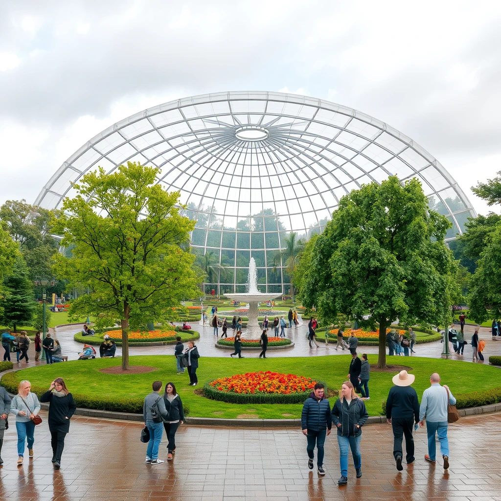 Outdoor park in the form of a dome, people peacefully strolling and relaxing in the park in any climate, rain or shine, hot or cold, in any weather.