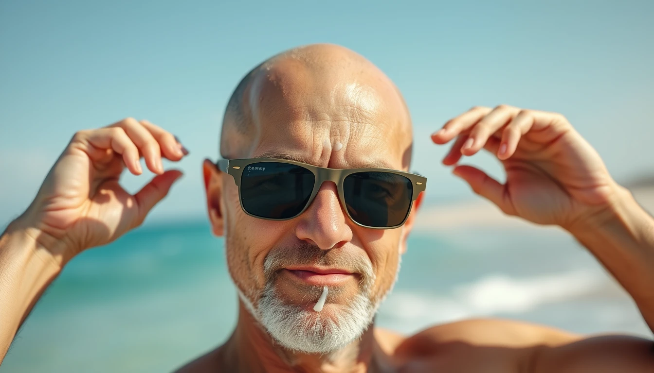 A bald man enjoying a day at the beach, wearing sunglasses and sunscreen to protect his scalp. - Image