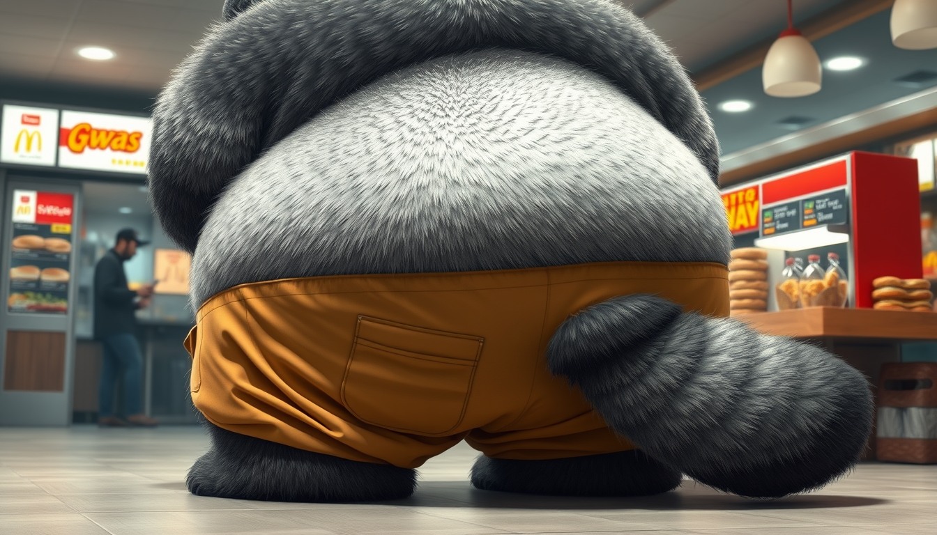 Quarter view, anthropomorphic obese gray bear-wolf hybrid, blended features. Gray and black fur with tan and white fur markings. He has a heavyset body with a wide fat bottom and fat wide double chins. Wearing tan obese big fat baggy cargo pants. Obese double belly overflowing. Wide waist. Thick tail. Huge derrière. Full body. Uncropped. Fluffy fur. Ordering food from a fast food restaurant. Digital art, semi-realistic. - Image