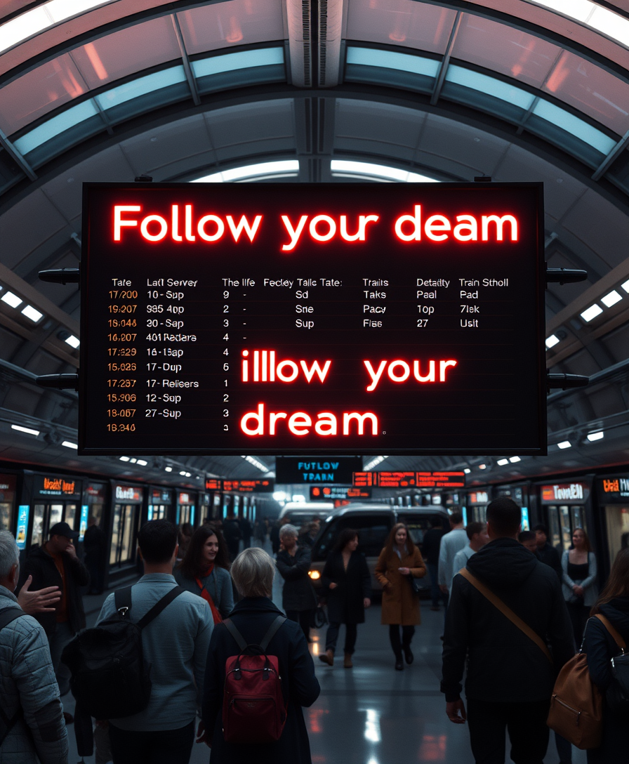 The futuristic busy interior of the railway station, on the board with the train schedule it says in large neon letters "Follow your dream".