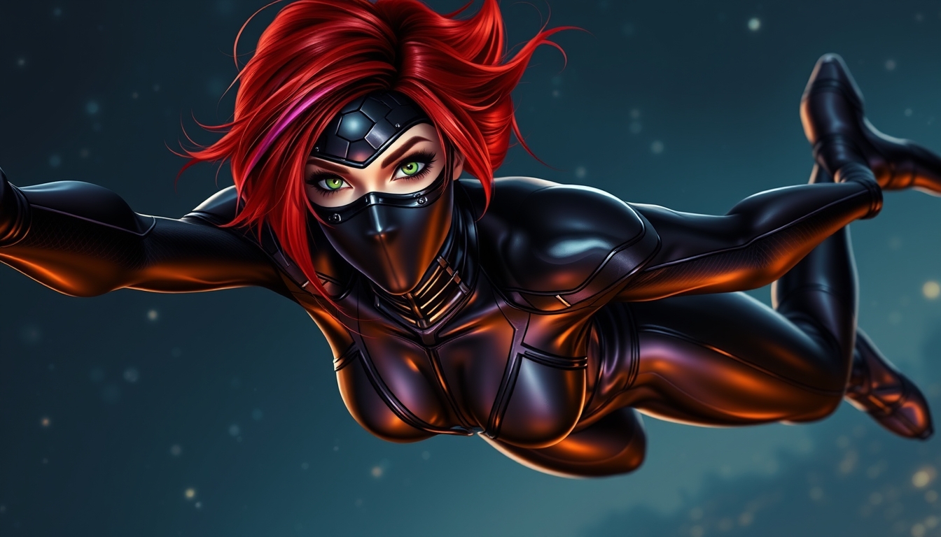 Red-headed woman with black and purple stripes in her hair, green eyes, and a black metallic mask over them, wearing a metallic spandex outfit that is dynamic black and dark purple, swinging through the night sky. Anatomically correct and realistic. - Image