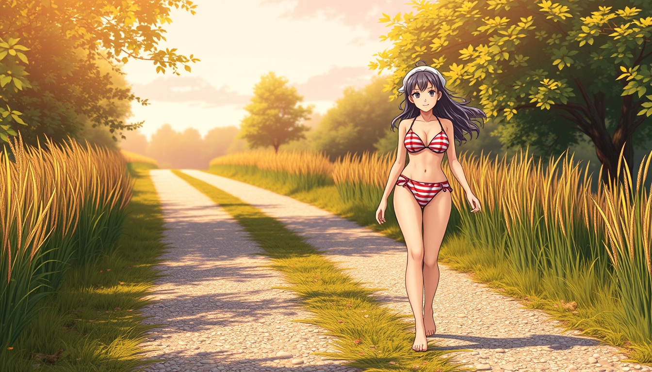 Anime style, a beautiful adult girl wearing a striped bikini walking on a gravel country road, barefoot, smiling, model body type.