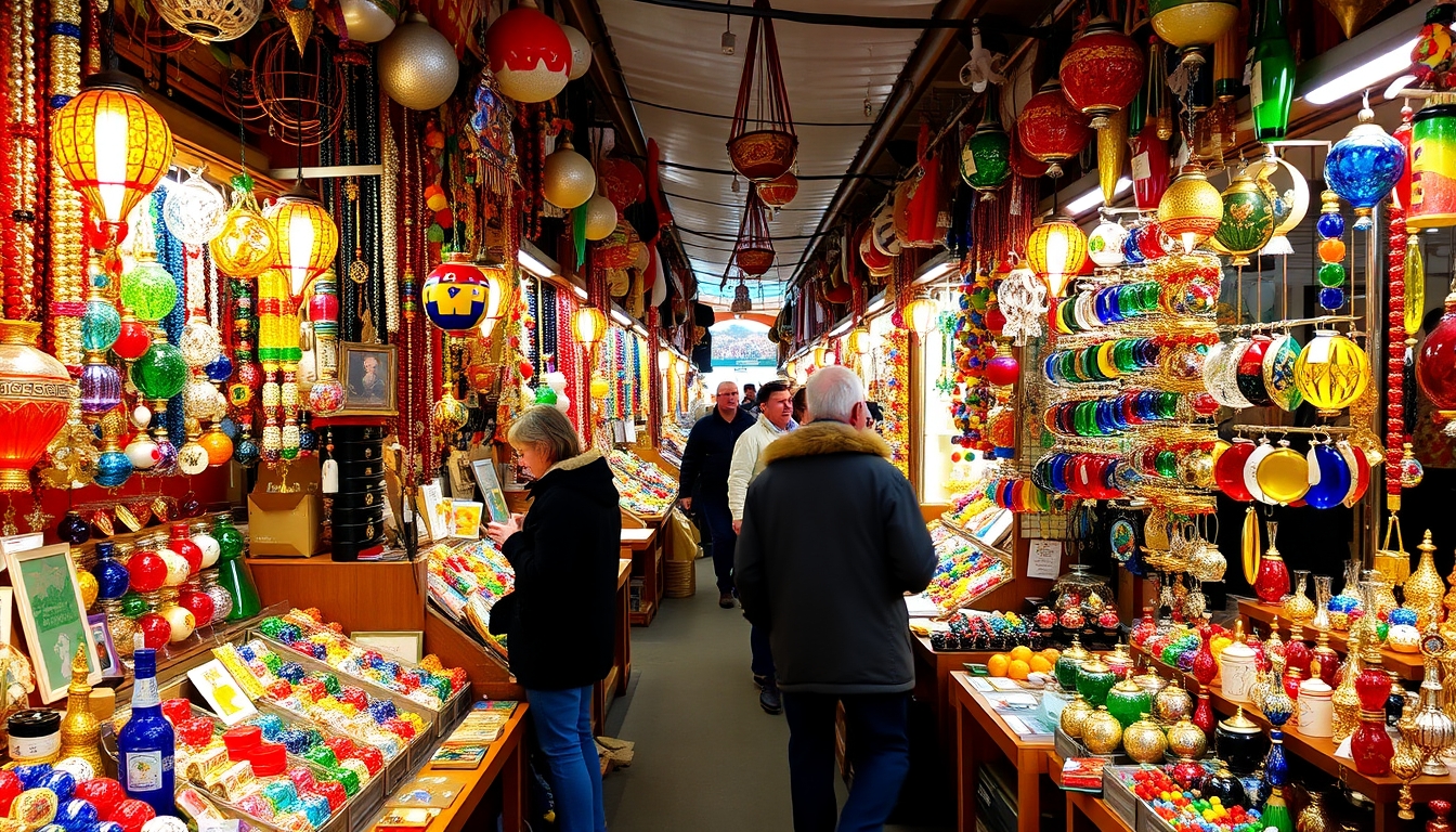 A bustling market with stalls selling colorful glass jewelry and ornaments. - Image