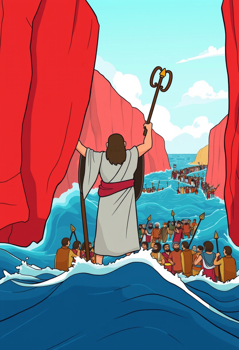 Depict Moses standing with his staff raised, as the Red Sea parts, with walls of water on either side and the Israelites crossing. Cartoon style, thick lines, low details, no shading. - Image