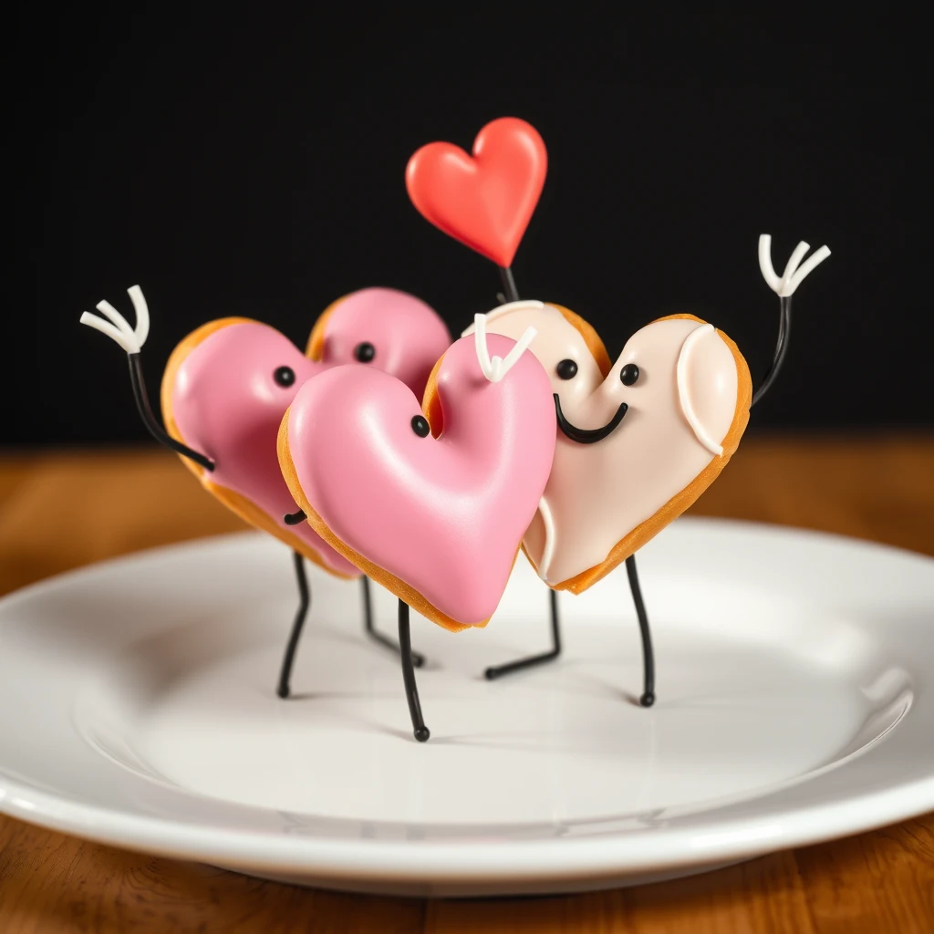 funny heart-shaped donuts dancing on a plate