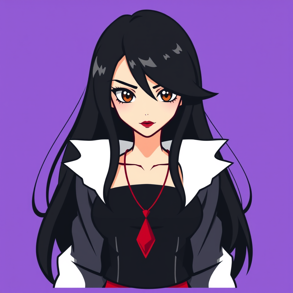 A basic simple vector logo of a beautiful female character with hazel brown eyes, long, dark black hair, wearing a black and white outfit with a red pendant necklace, and serious face with red lipstick, on a purple background. - Image