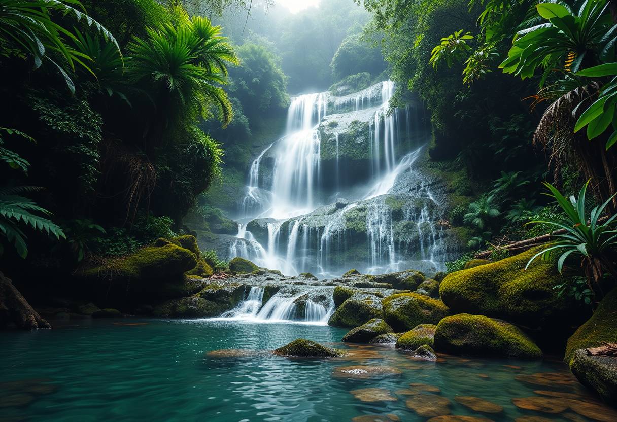 rfall, cascading, clear water, lush greenery, high quality, photorealistic, hidden oasis, serene, rainforest, breathtaking, secluded::0.8 moss-covered rocks, tropical plants, natural pools, jungle trails, mist,