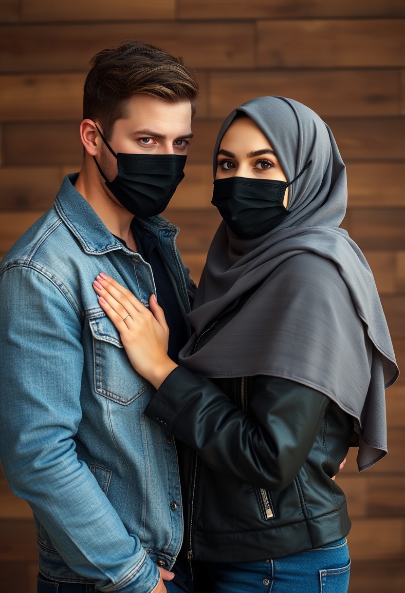 Jamie Dornan's head and body shot, handsome, black face mask, denim jacket, jeans, dating, loving couple, hugging, with the biggest grey hijab Muslim girl, beautiful eyes, black face mask, black leather jacket, hyper-realistic, studio photography, wooden wall.