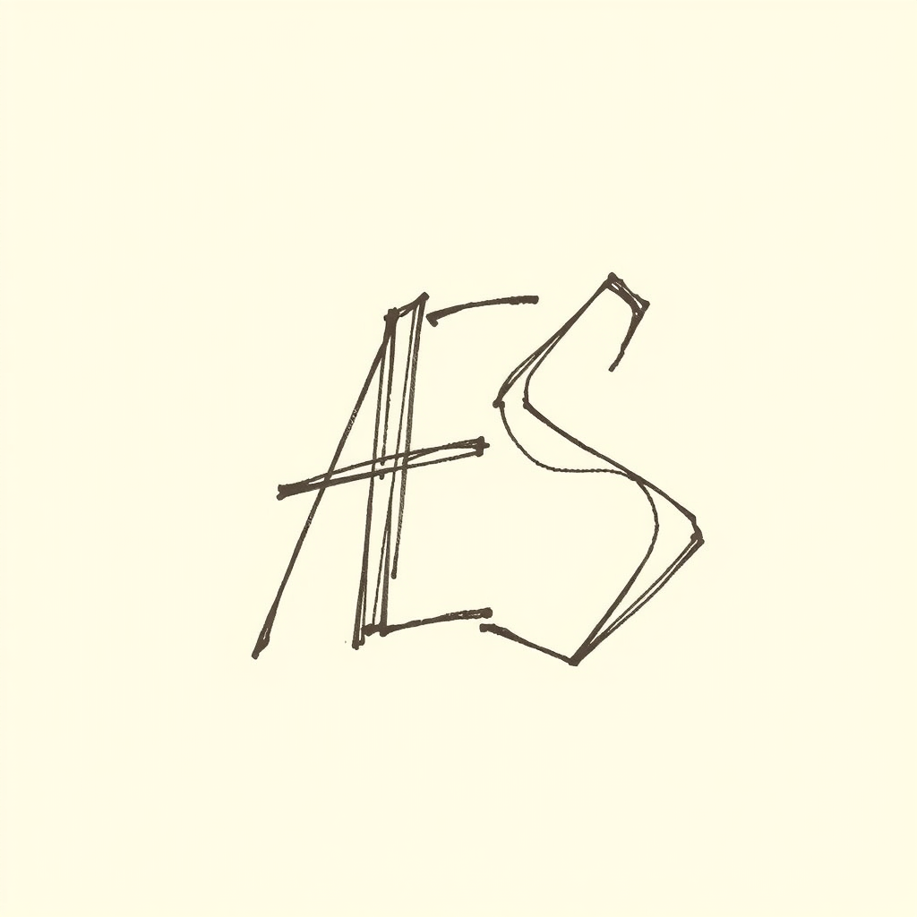 Masculine signature for initials AES, hand-drawn with bold, angular strokes. Thick, confident lines form interconnected letters on cream parchment.