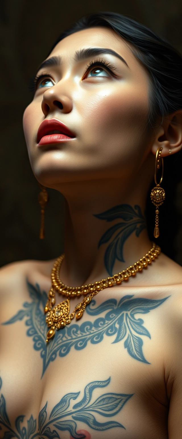 Random shot of a tattooed body of a fair-skinned Korean Indian woman with beautiful facial features and jawline and stunning killer blue eyes, adorned with gold ornaments, looking upwards.