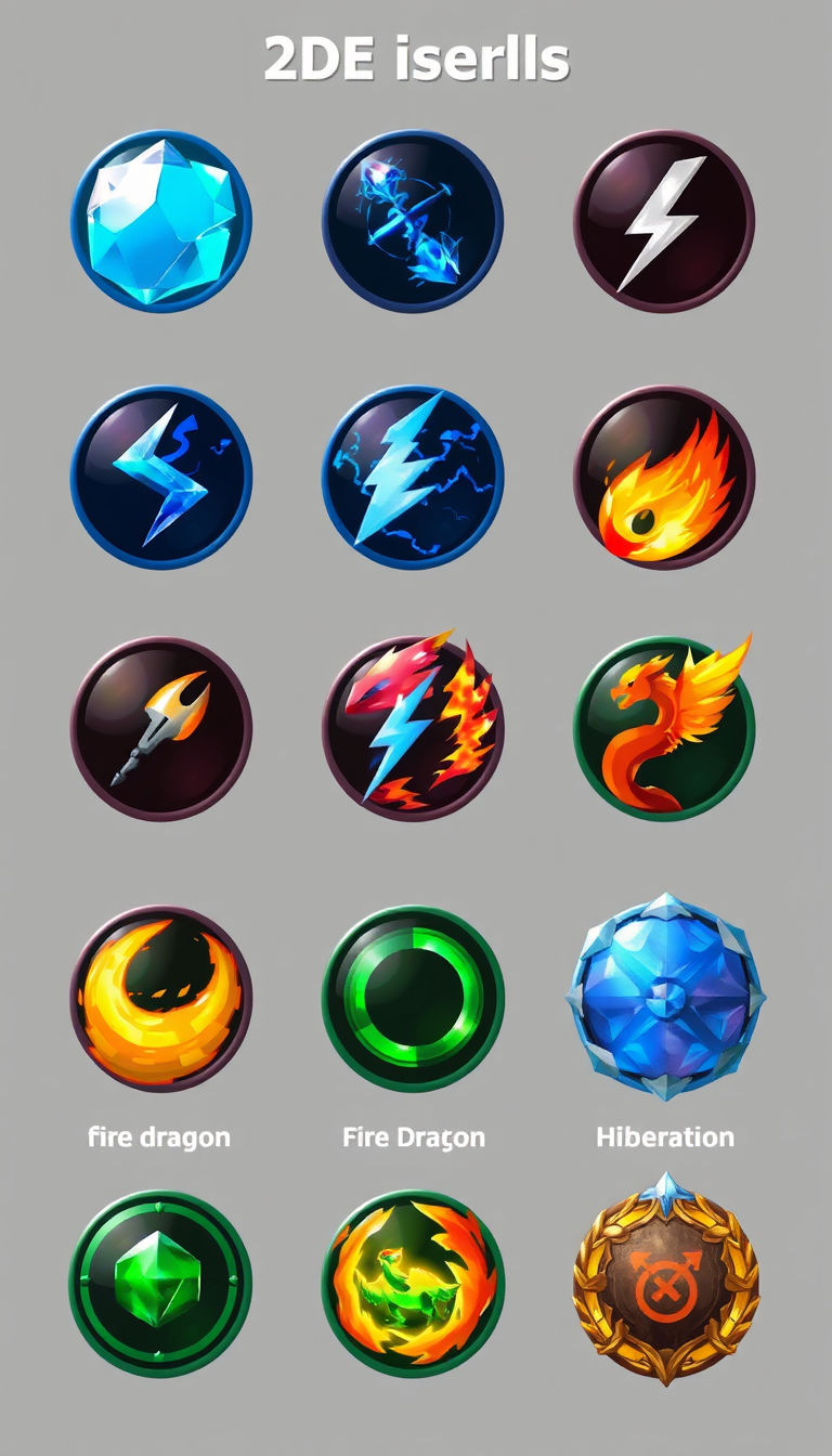 A set of 2D game skill icons, circular, including: Freeze, Lightning, Bomb, Fire Dragon, Phoenix, Acceleration, Hibernation.