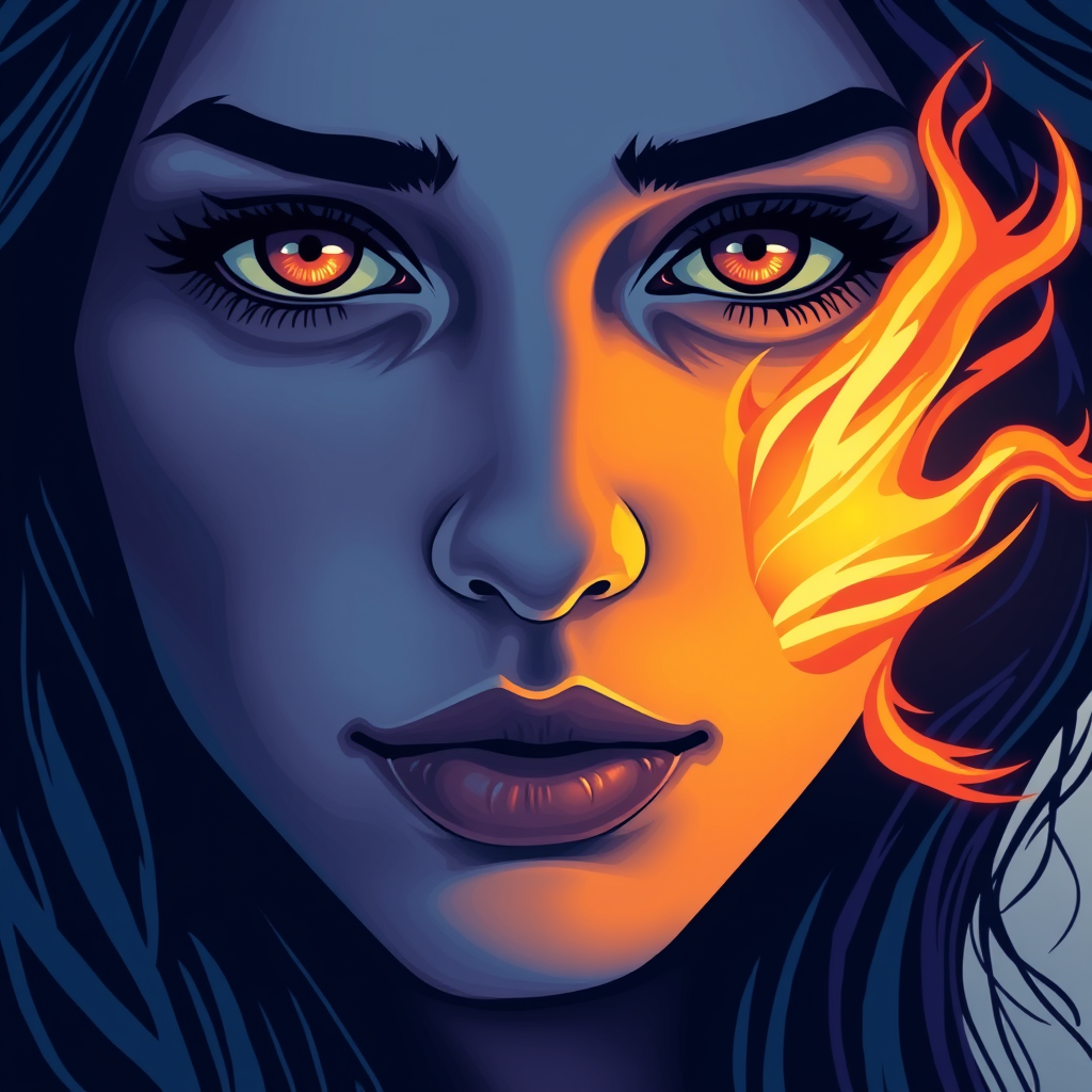 A tee shirt design of a close-up of a woman's face, inspired by the sun. Her expression is deep and soulful, reflecting both passion and sadness. Her eyes are intense and filled with emotion. The color palette is cool, featuring deep blues and purples, with a hint of warmth in her eyes. Whipping flames accent her face, blending seamlessly into the background, creating a contrast between the cool and warm tones. The overall feel is a harmonious blend of passion and melancholy, embodying the soulful essence of the sun. Transparent background. - Image