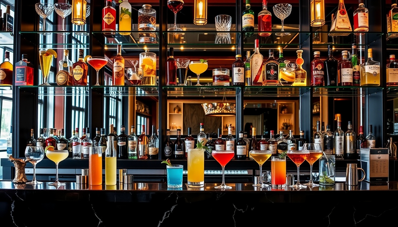 A sophisticated cocktail bar with glass shelves showcasing an array of colorful drinks.