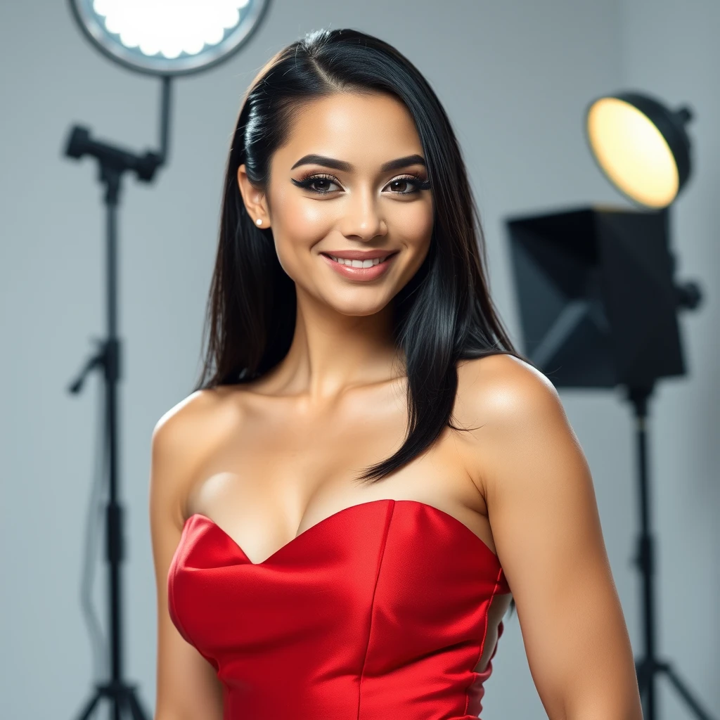 30-year-old American woman in a photo studio modeling a high-cut, high-quality dress. Slight makeup, heavy eyeliner. Clear skin. Realistic skin style. Long dark black slicked-back hair. Shooting light, indoors, cable light. Studio background. Winking left eye. Smiling. Bokeh. Heavy bokeh light. Show more. - Image