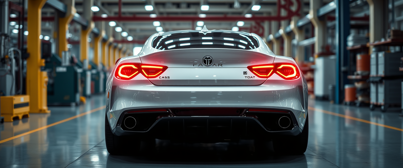 "TF car in a factory with lights reflecting from the car's rear body, and the backlight is on a nice car body."