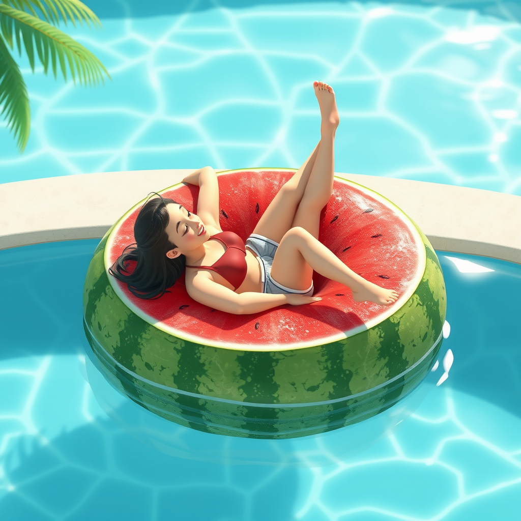 Lying on a tube in a swimming pool made of watermelon. Animation, summer.