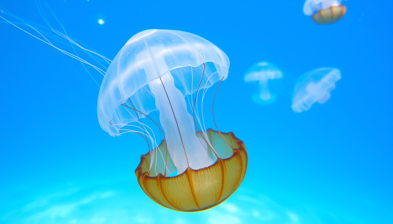 A serene underwater scene with glassy jellyfish floating gracefully. - Image