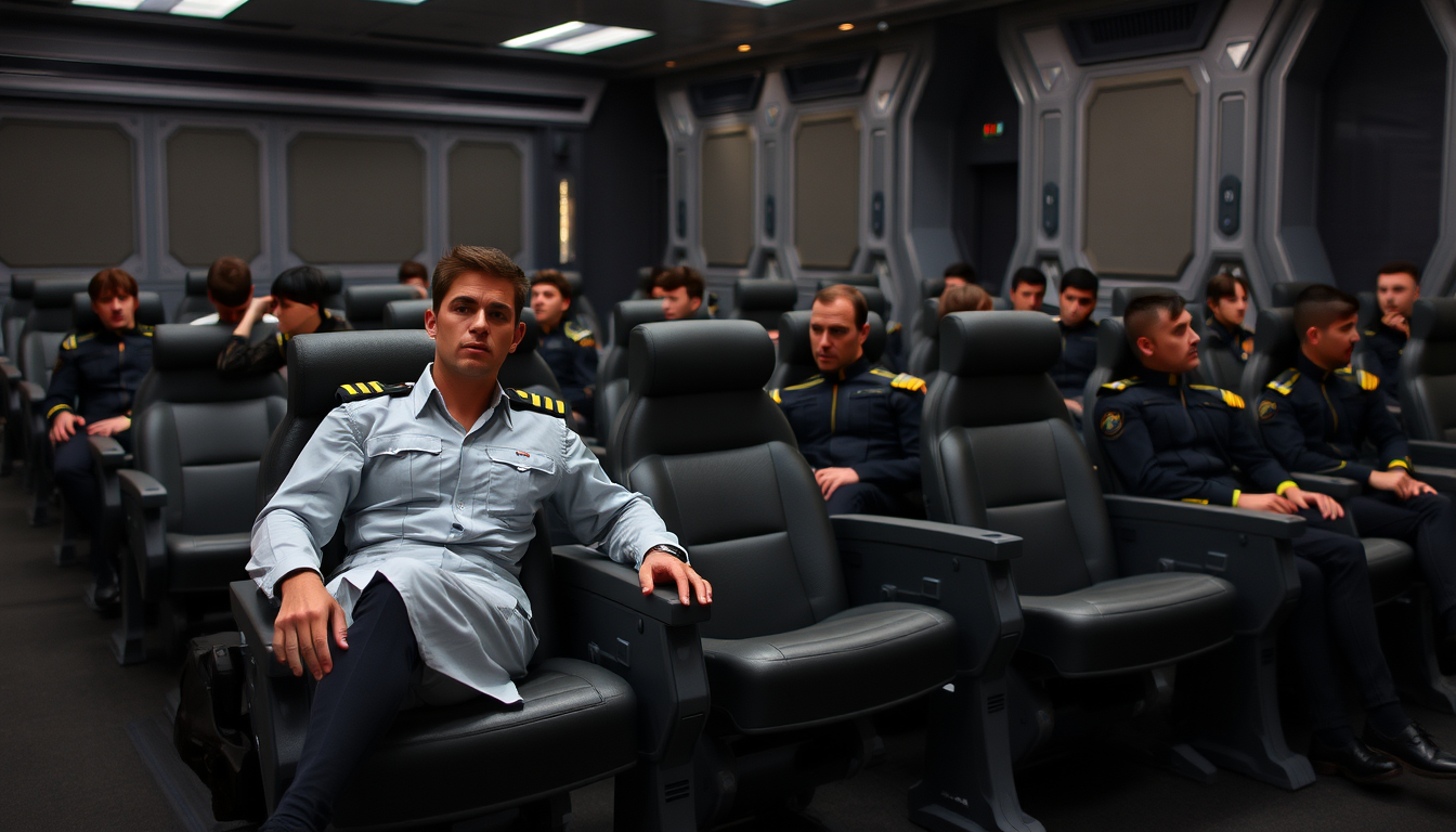 Room with several rows of sci-fi chairs, the people in military dresses sitting on some chairs.