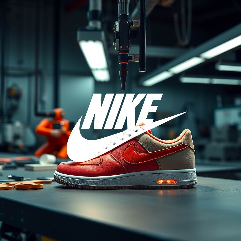 Modern cutting process for creating Nike shoes with company name RY.