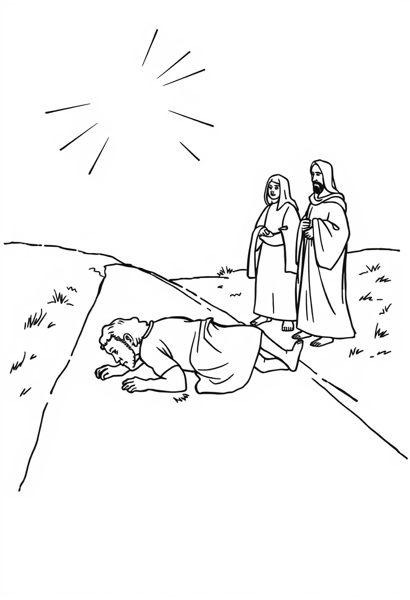 Coloring book page. Simple black and white sketch of Paul's conversion on the road to Damascus: A figure (Paul) fallen on a road. Include a bright light source from above. Add other figures (companions) standing nearby, looking confused. White background, black and white drawing, sharp black lines. - Image