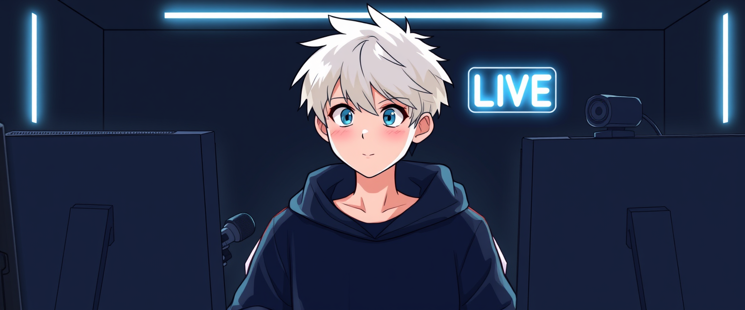 Illustration of a boy with white hair and a black sweatshirt in a gamer setup with front lights, looking at two monitors with black screens in a black room with few white neon lights and a small white sign that says ON LIVE in the upper right corner, with a podcast-style microphone on his left side and a webcam on top of a monitor on his right side.