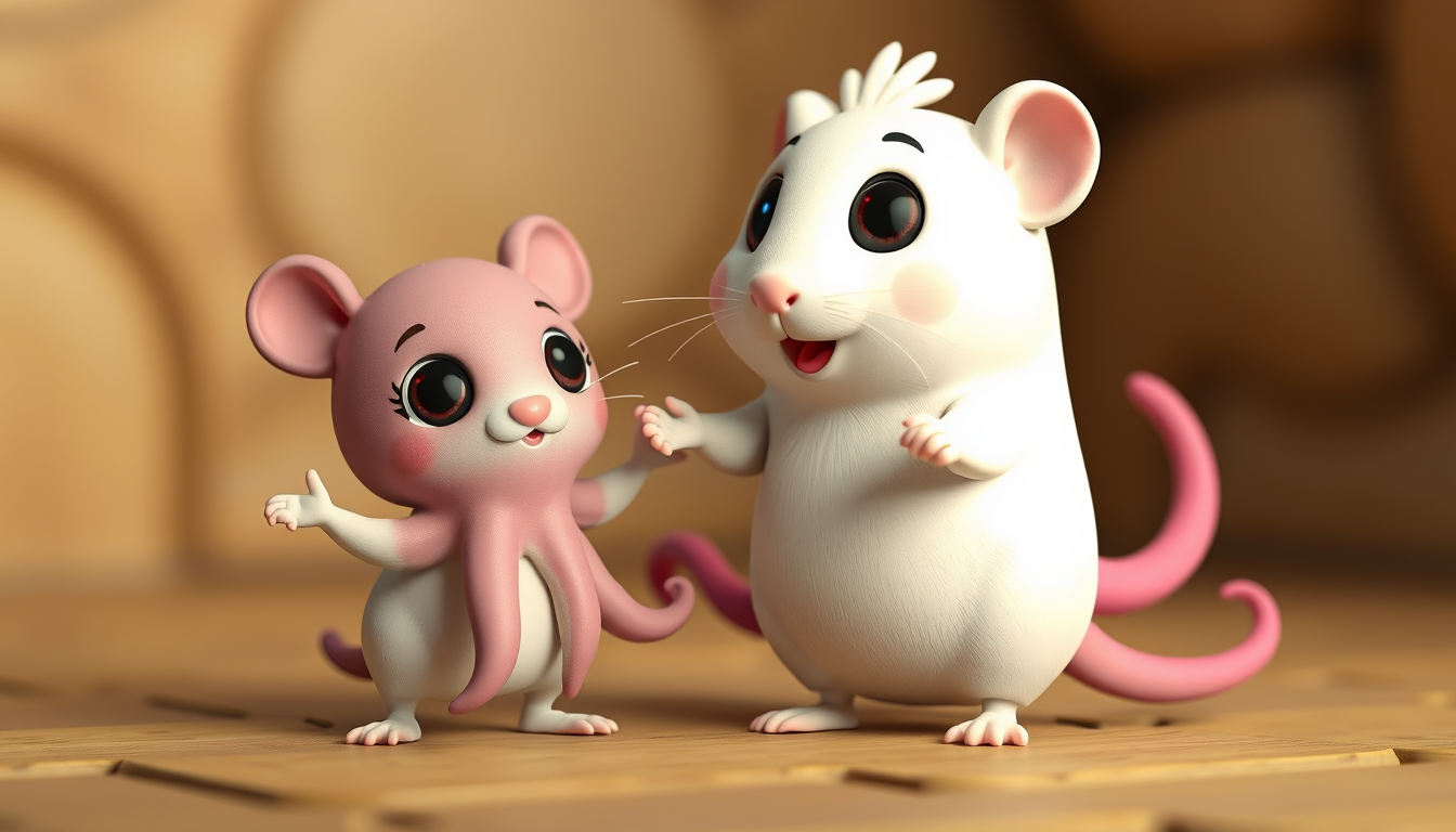 Hamster and Octopus Waltz. Cute white hamster with big eyes and cute mauve octopus, cute characters in 1:2 scale, stereoscopic 3D animation, maximized clay texture. - Image