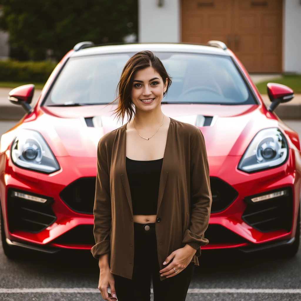 a woman in front of red BMW