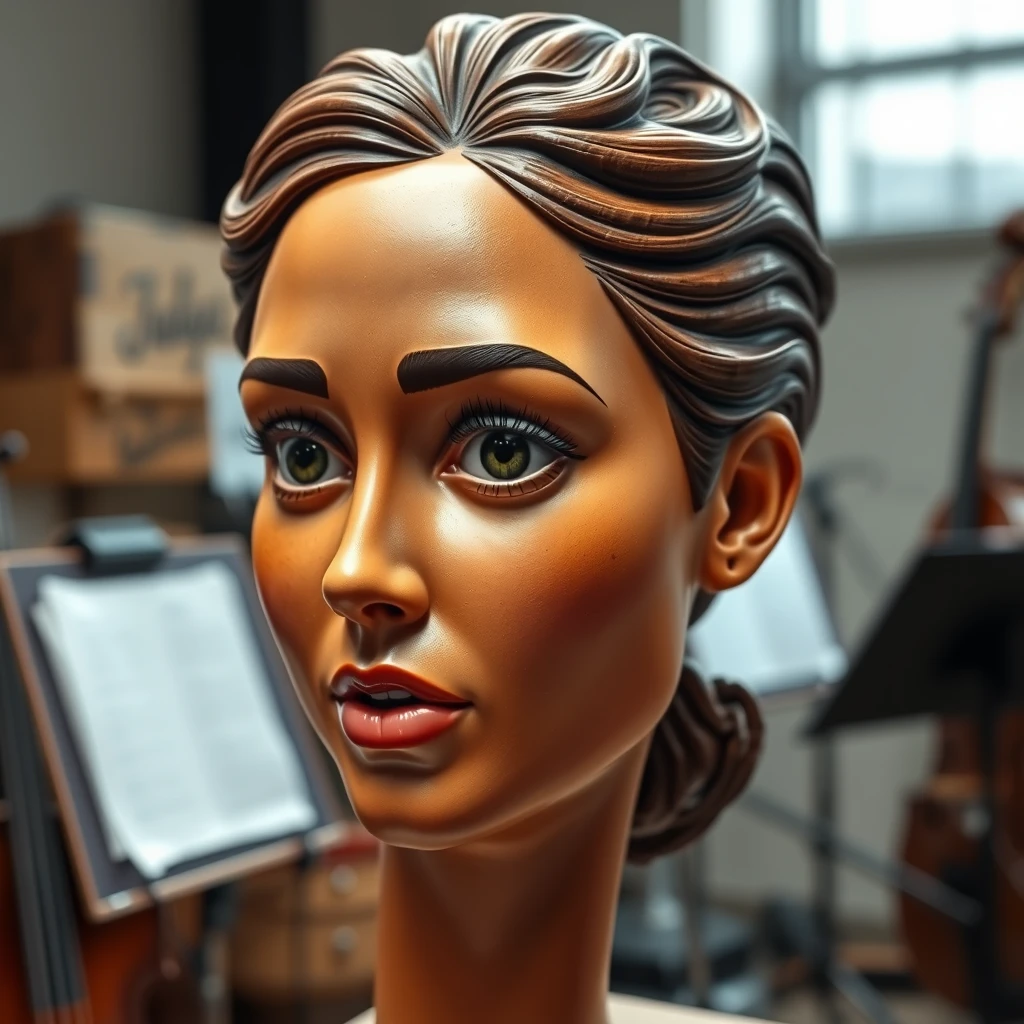 A highly realistic, ultra-detailed sculpture of a female human head, designed in a surreal manner to resemble a violin. The face has lifelike features with expressive eyes, detailed eyebrows, and slightly open lips, displaying a mix of curiosity and surprise. The head’s texture and color intricately mimic the polished wood, strings, and f-holes of a violin, blending elements of classical musical instruments and human form seamlessly. The sculpture is placed indoors, likely in a music studio or concert hall, with blurred musical equipment and instruments in the background. - Image