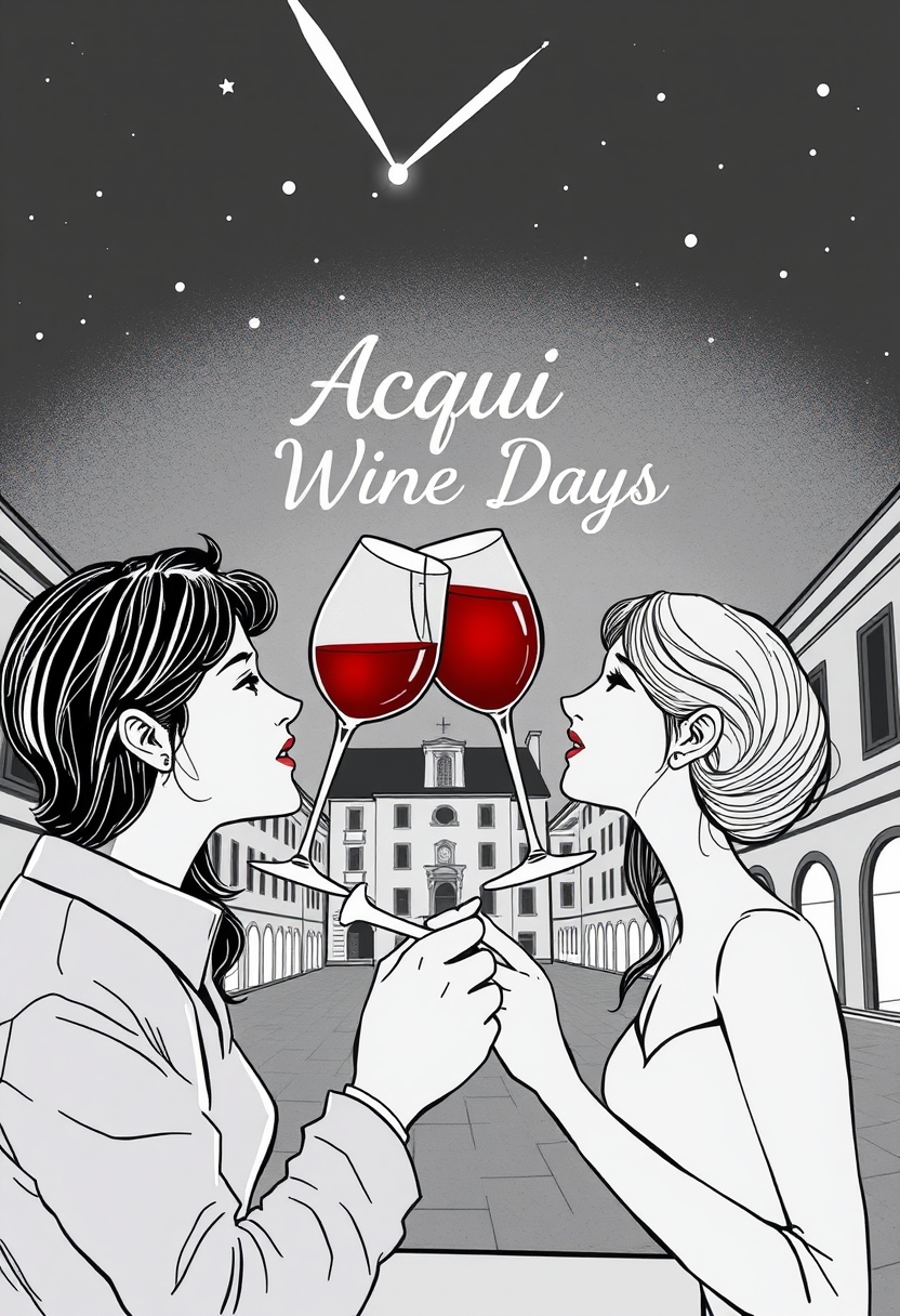 Image in manga style, in black and white, with very thin lines. A couple toasting with a glass of wine in a stemmed glass. It is night, there are stars including a comet. The wine is colored red. In the background, an Italian square, in perspective. At the top, in the center of the image, there is the writing in Art Nouveau font: Acqui Wine Days.