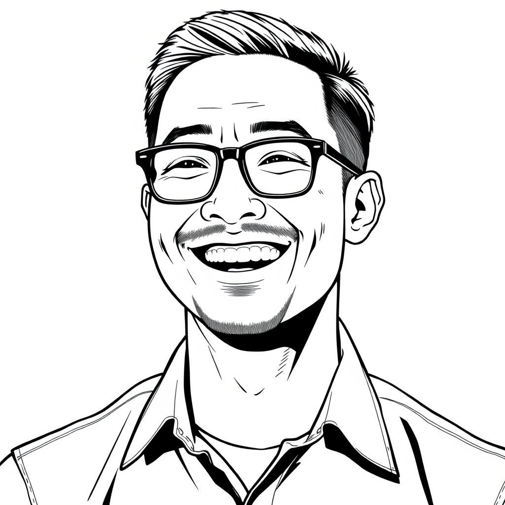 A cool black and white line drawing of a man around 35 years old, with short hair, Asian descent, wearing black framed glasses for nearsightedness, a slightly short beard on his chin, dressed in a shirt, with a full face that has defined features, a muscular build, clean and fresh skin, happily laughing heartily after winning. - Image