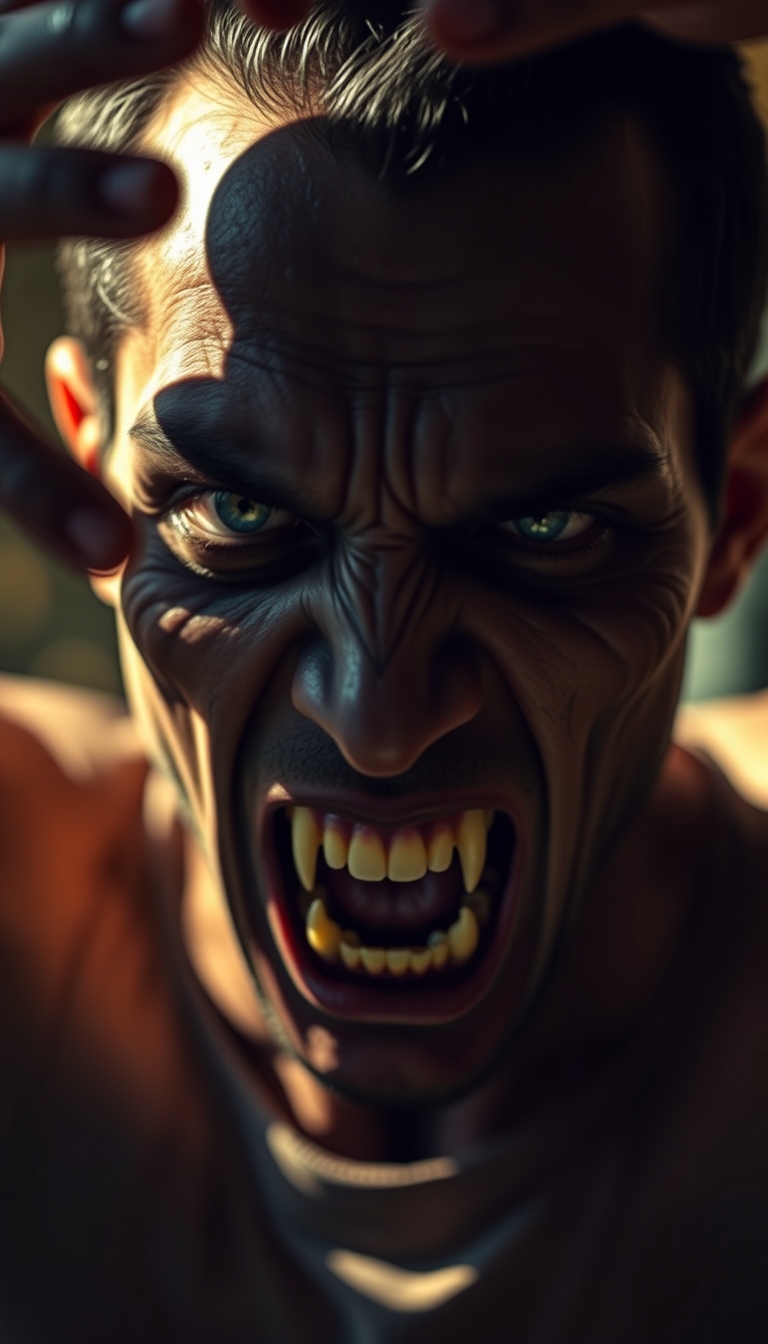 Malay guy demonic possession scene, exorcism horror style, intense expressions. Shadow casting, golden hour, bokeh, zombie face, haunted face, intricate detail, sharp teeth, white eyes, no black eye, sick skin.