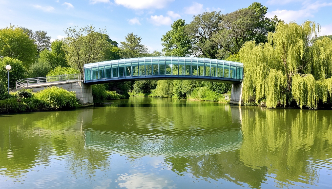 A serene river scene with a glass-bottomed bridge crossing over it.