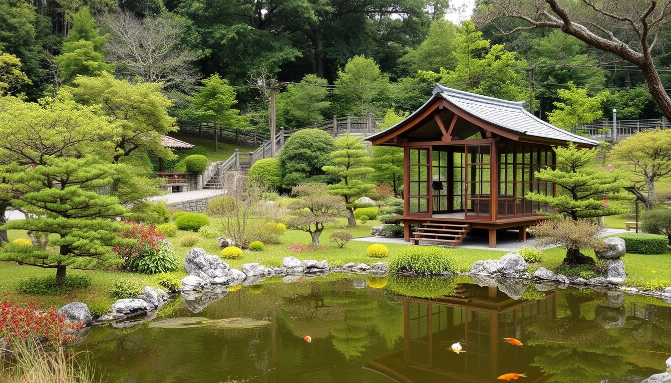 A serene Japanese garden with a glass teahouse overlooking a koi pond.