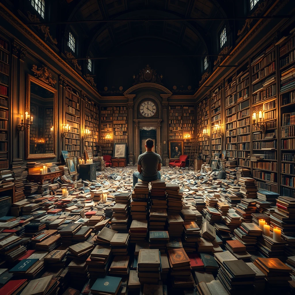 A real-life photograph, wide shot, of a person sitting on a pile of books in the corner of a large hall, where many books are scattered messily and there are some large mirrors. There are a lot of books, and it looks very chaotic. At night, with some candles lit. The person is in one corner of the hall.