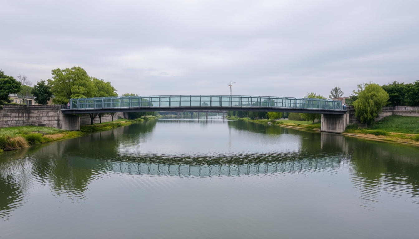 A serene river scene with a glass-bottomed bridge crossing over it.