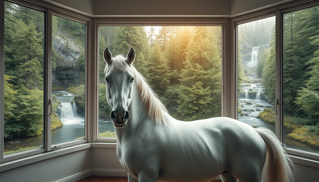 "The white horse is in the room, blending with nature, and outside the window, there are forests, waterfalls, and streams." - Image